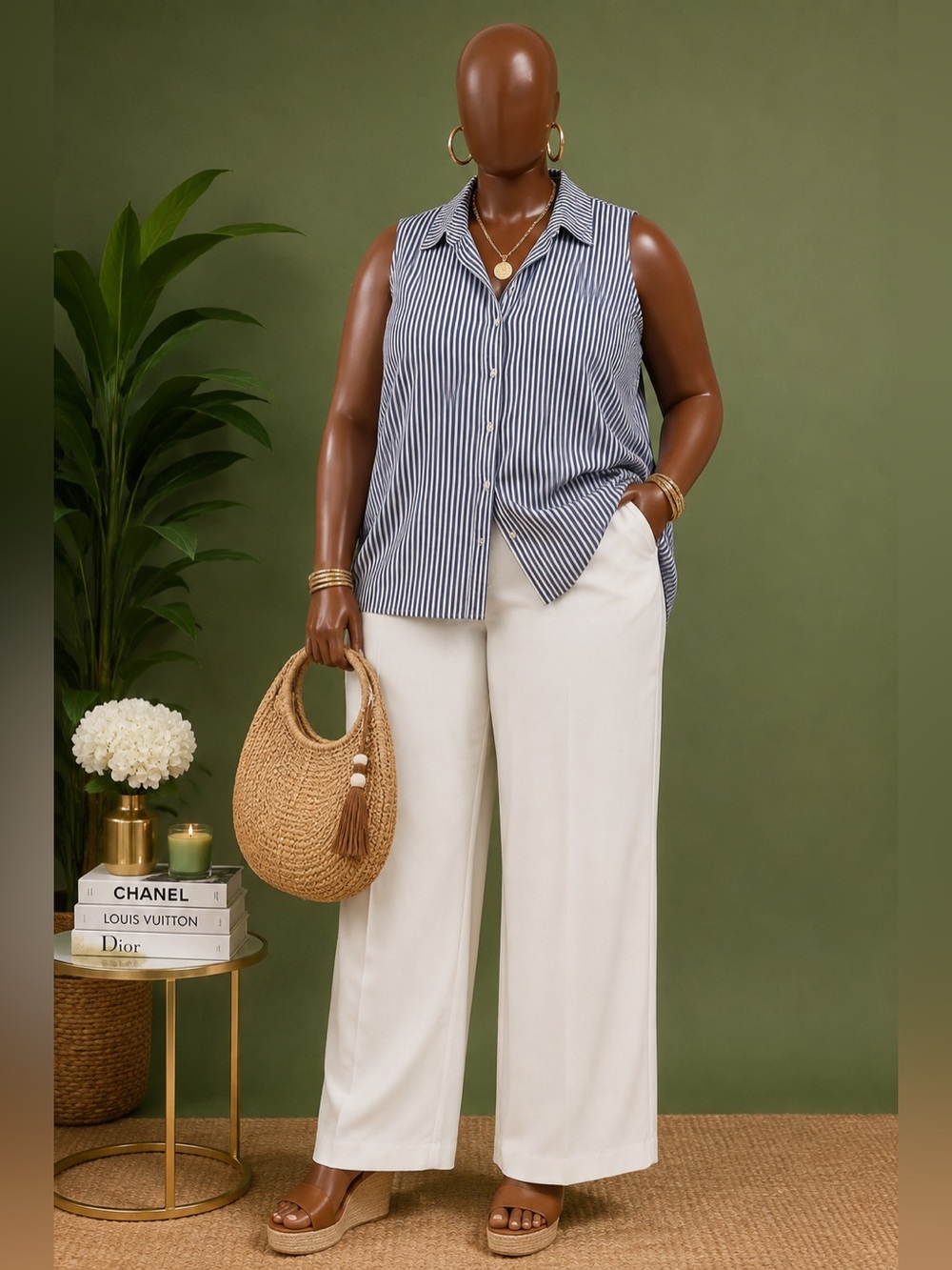 MSK Blue and White Striped Sleeveless Button-Front Dress